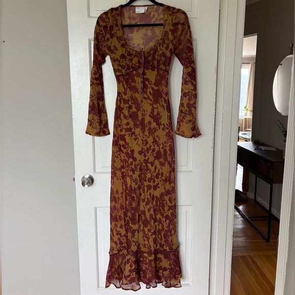 ASOS Burgundy and Mustard Floral Long Sleeve Dress - Picture 2 of 6
